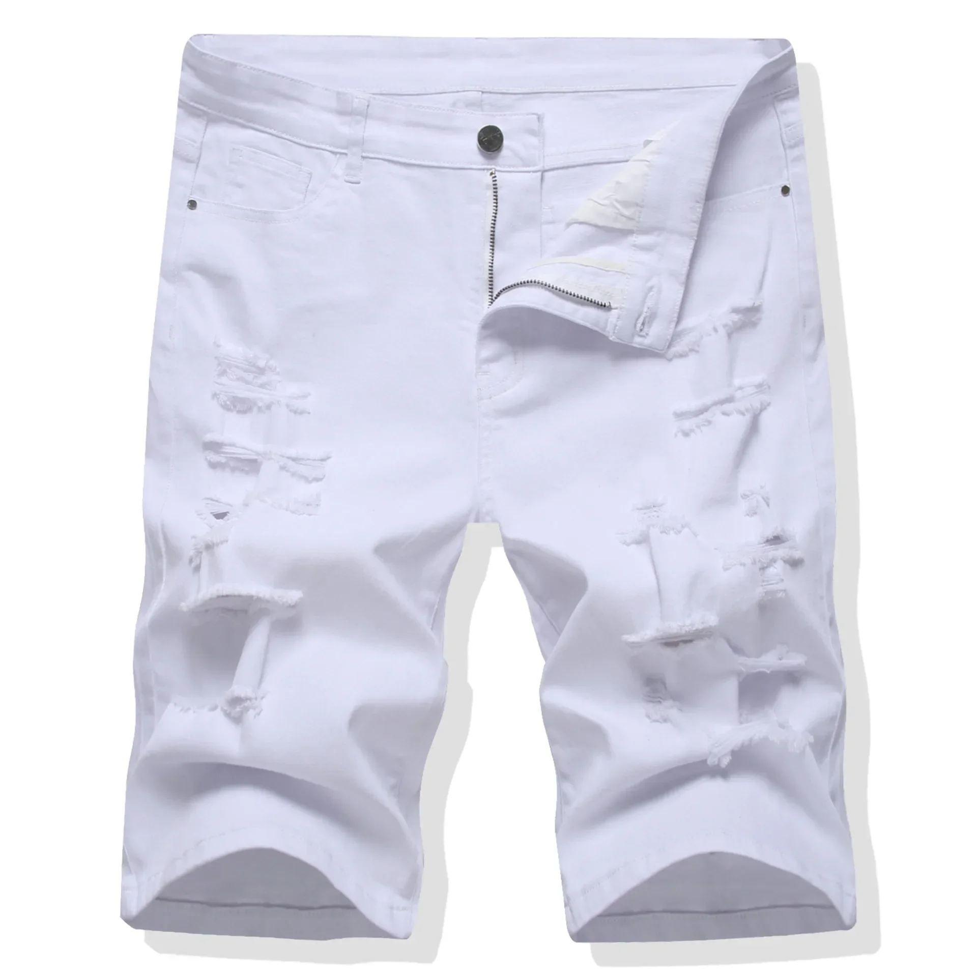 Shorts Men Hole Jeans Streetwear Mid Waist Washed Distressed Pockets Knee Length Ripped Denims Straight Short Pants