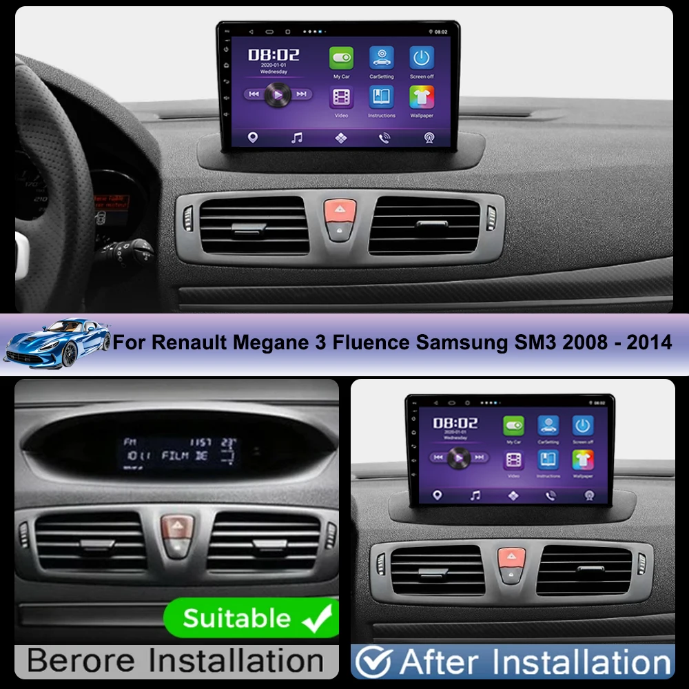 Car Radio Multimedia Play For Renault Megane 3 Fluence Samsung SM3 2008 - 2014 Auto Stereo Android 14 Wireless Carplay NO 2 Din