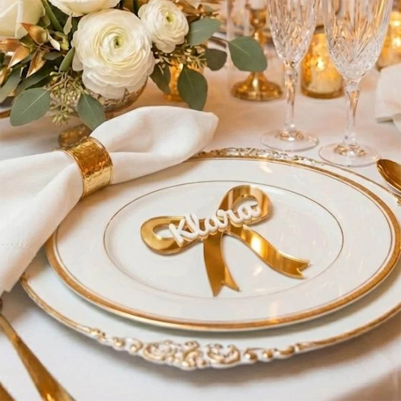 5/10/20Pcs Custom Bow Name Place Settings Wedding Party Bow Name Tags Personalized Acrylic Bow Name Plate Placement Cards