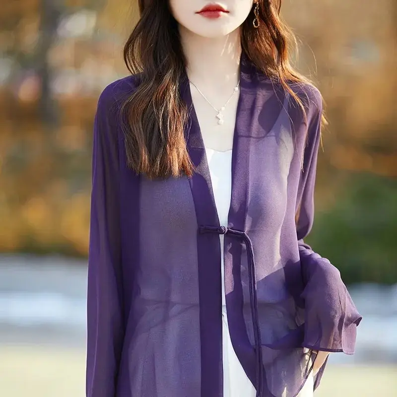 

New Vintage Simplicity Thin Loose Blouse Summer Long Sleeve Solid All-match Perspective Fashion Shirt Tops Casual Women Clothing