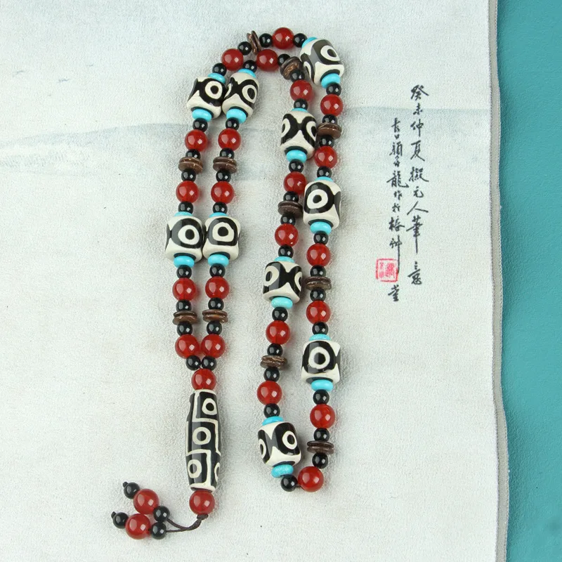 Green Tibetan Accessories Agate Dzi Bead Necklace Three Eyes Tibet Beads