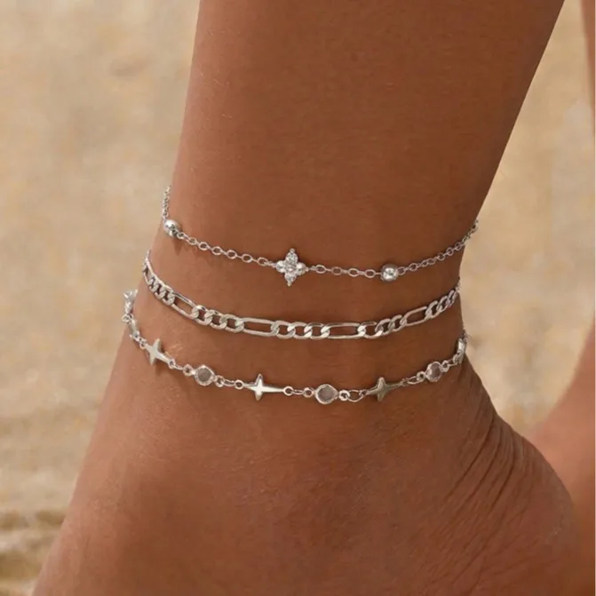 3pcs/Set Fashionable Cross Handmade Chain, Transparent Eye-Shaped Crystal, Four-Leaf Flower Decor Anklet, Multi-Layer Gold Tone Chain Foot Jewelry, Suitable For Daily Wear, Date, And Photo Shoot. Chain Length Can Be Customized