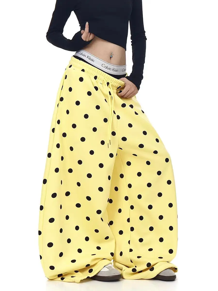 Women's Retro Black Polka Dot Yellow Sweatpants Hip-hop Wide Legs Pants Summer Casual Bottoms Female Color Blocking Trousers