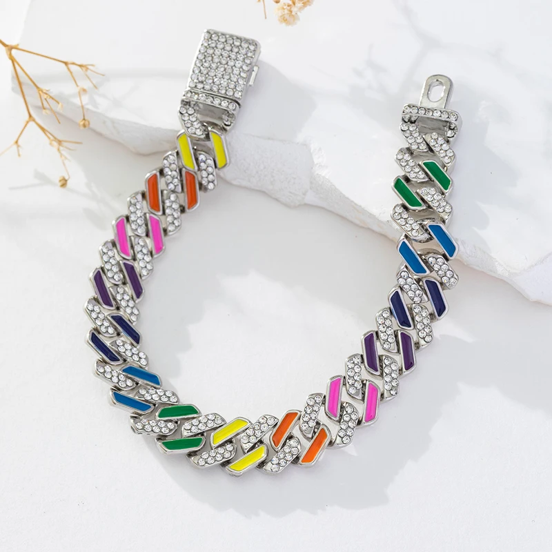 Hip Hop mężczyźni kobiety 12mm emaliowana kolorowa tęczowy łańcuch bransoletka Bling Rhinestone utwardzona Miami Rhombus Cuban łańcuszek biżuteria