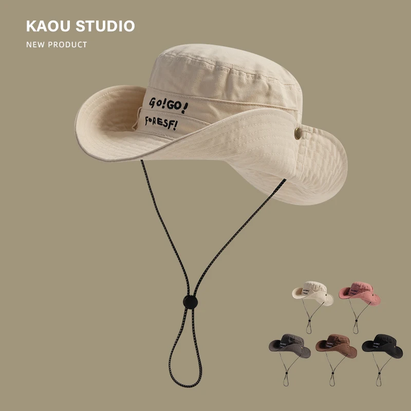 

Japanese Retro Big Brim Sunshade Men's Caps New Spring and Summer Outdoor Hiking Camping Drawstring Bucket Hats for Women