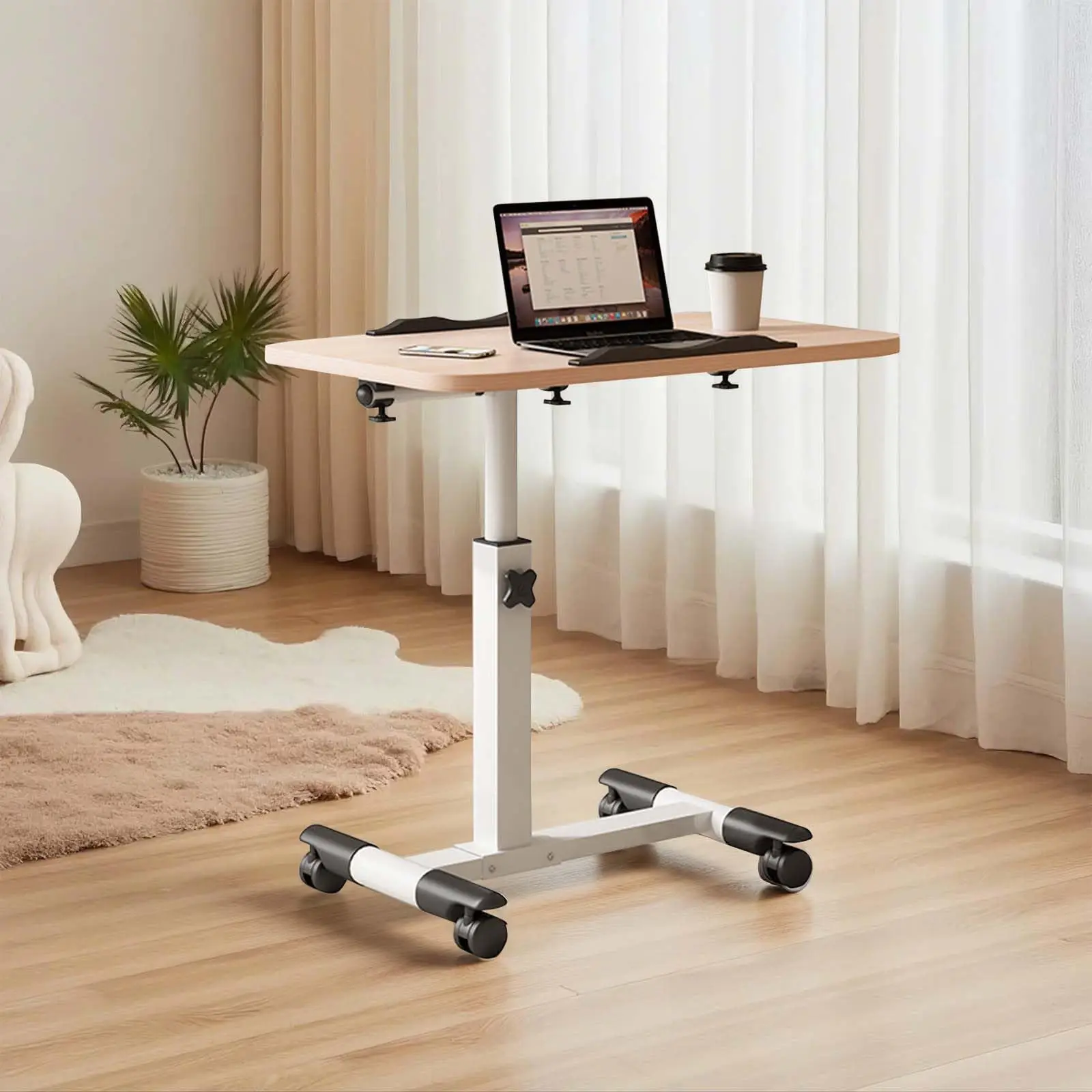 Overbed Laptop Desk with Wheels, Height Adjustable Tilting Mobile Computer Table, Portable Rolling Workstation for Bed, Couch, Hospital, Stable Frame