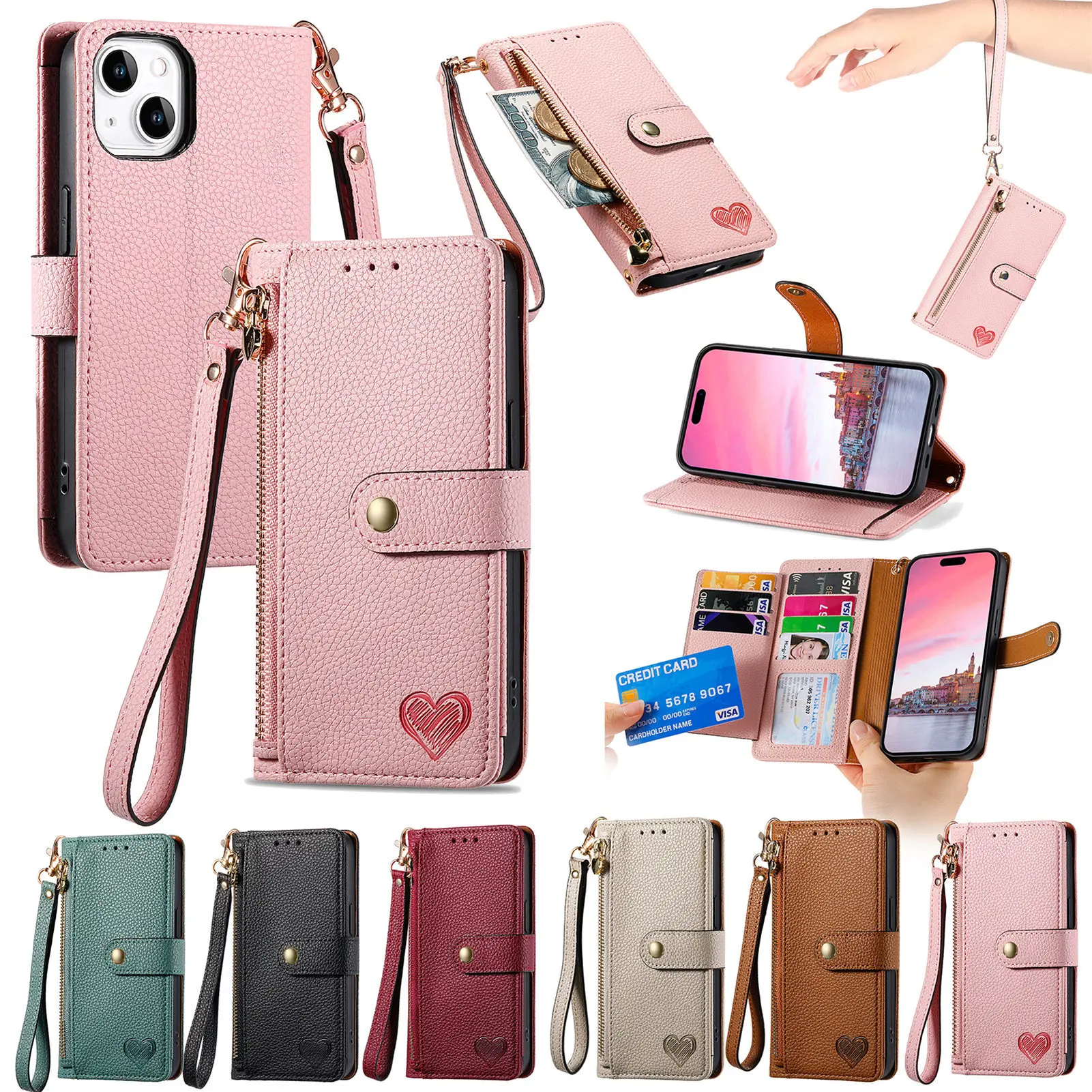 

Чехол-кошелек с ремешком и слотом для карт Love Heart Zipper Lanyard из кожи для iPhone 17 Pro Max 16 Plus 16E 15 14 13 12 11 Pro Max