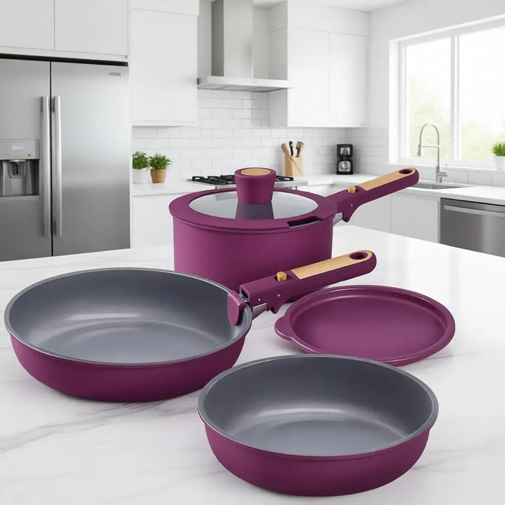 

6-Piece Nonstick Detachable Handle Cookware Set, Induction Compatible, Oven Safe Kitchenware for RV Use