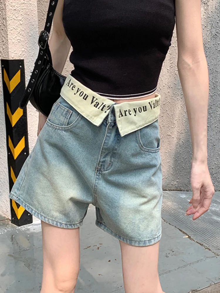 Pantaloncini di jeans lavati blu larghi casual da donna Pantaloncini vintage Harajuku Y2K con stampa di lettere a vita alta Jeans larghi stile street