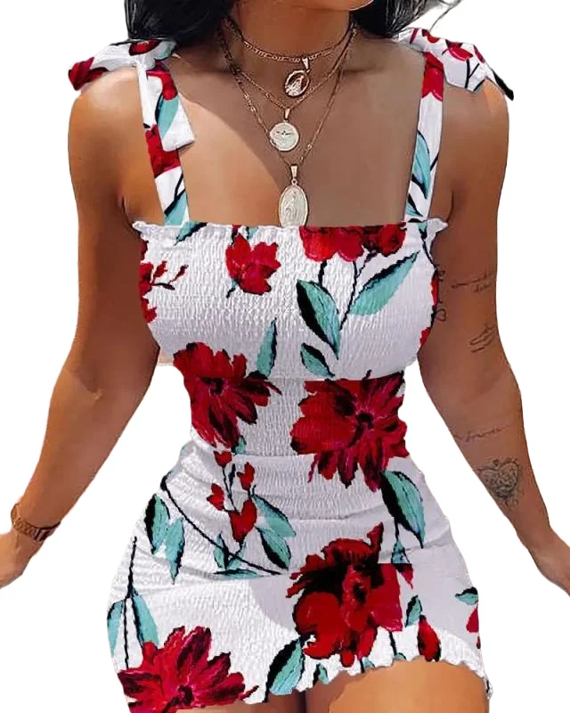

Spring Summer Sexy Off The Shoulder Mini Dress Woman Fashion Slim Floral Print Sleeveless Bodycon Party Dresses For Women 2023