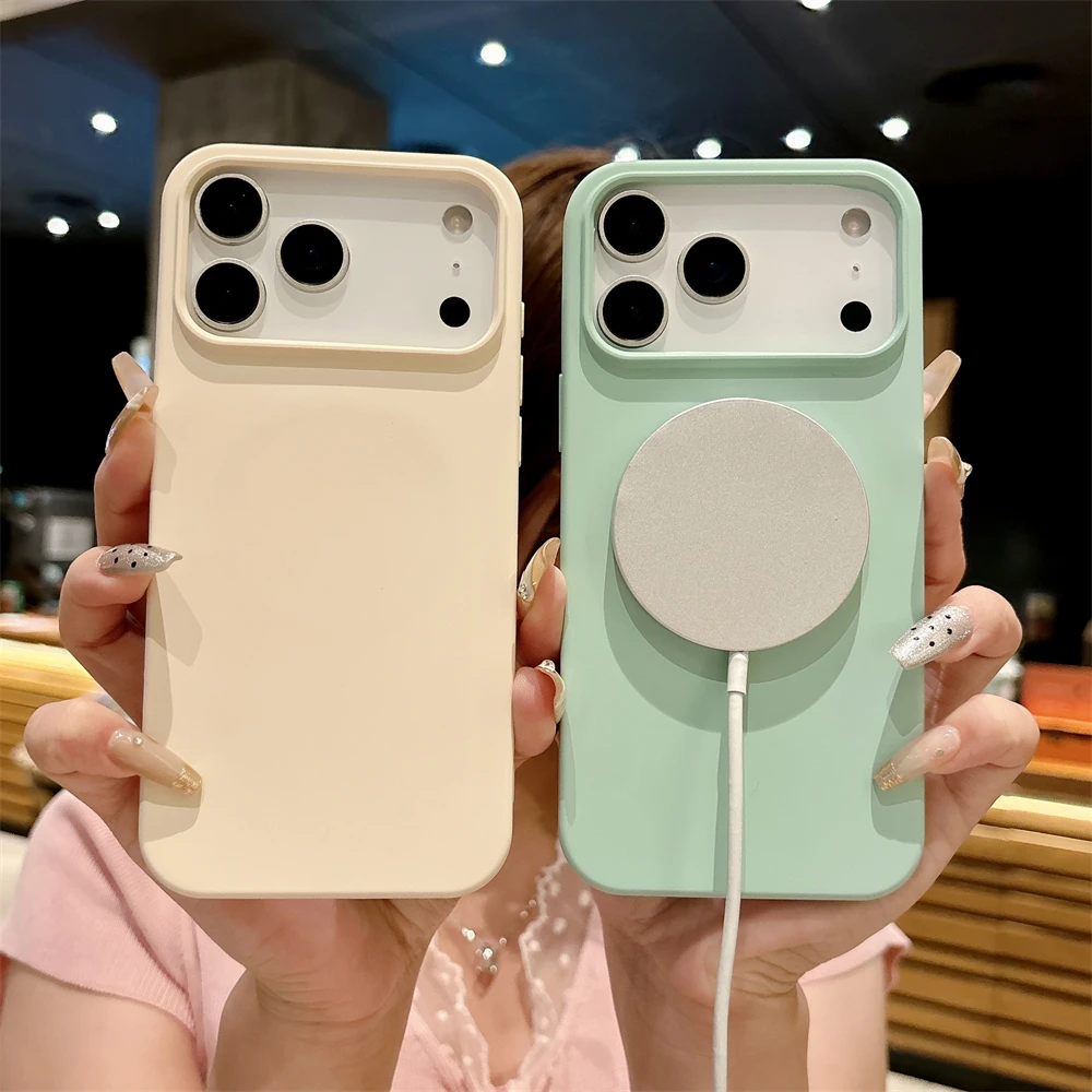 Жидкий силиконовый магнитный матовый однотонный мягкий чехол для iPhone 17 Air 16 13 15 Pro Max 14 Plus 12 11, противоударный чехол с беспроводной зарядкой