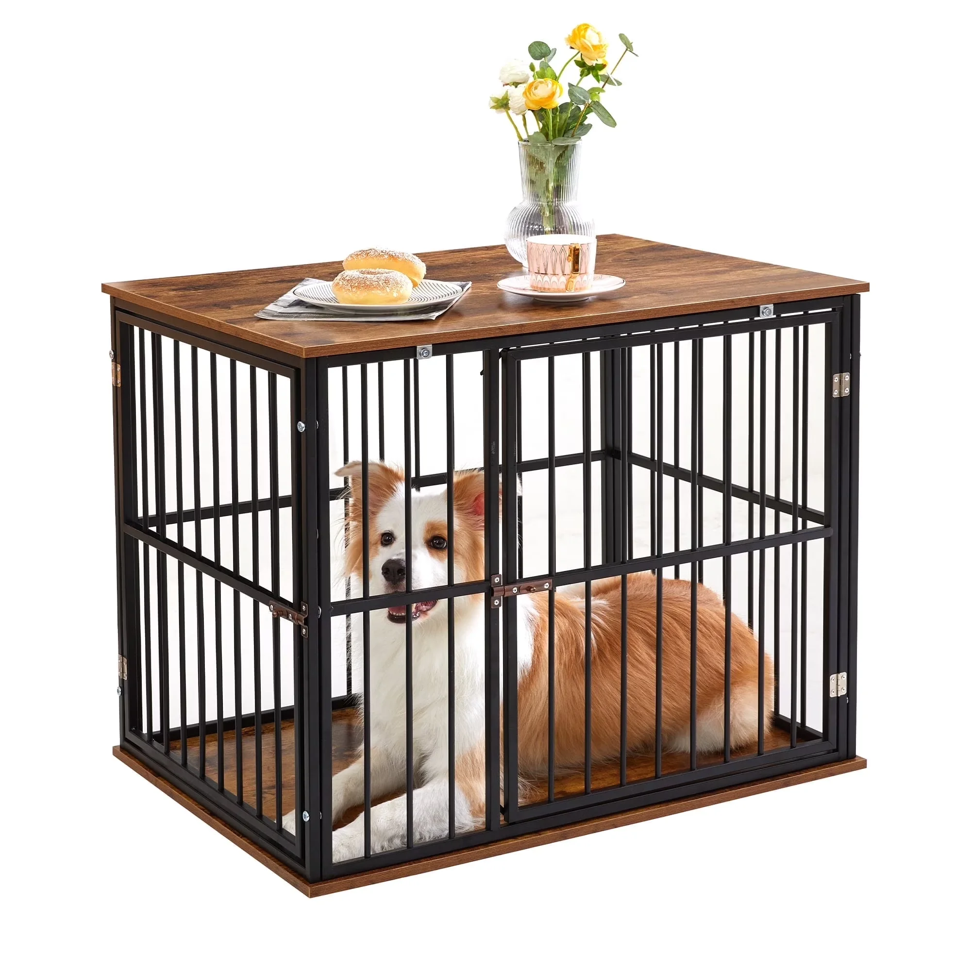 Medium Wooden Dog Crate Furniture with Washable Cushion for Dogs Kennels Stackable Dog Cages