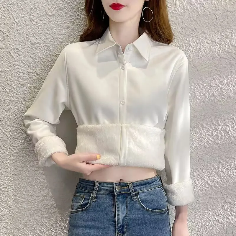 Velvet Thick Warm Women's Solid Shirt 2023 New Female Long Sleeve Tops Winter Fleece Casual Corduroy Blouse Autumn Clothes XXXL