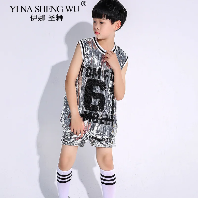 Sequin Jazz Dance Costume Boys and Girls Hip Hop Street Dance Modern Dance Cheerleading Performance Sleeveless Top Shorts Set