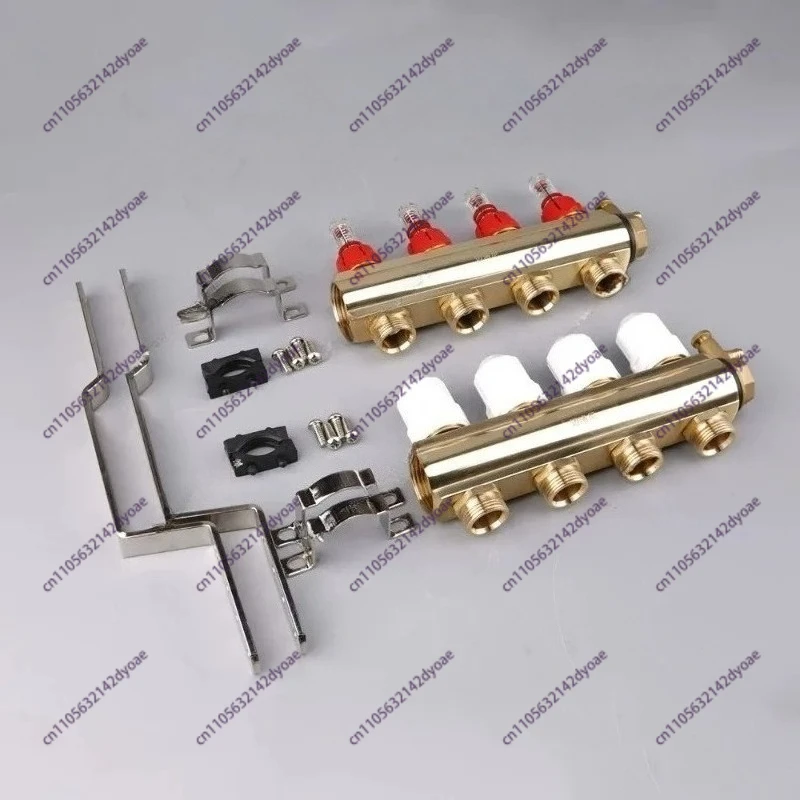 Brass profile floor heating manifold with visual float flow meter and adjustable temperature control