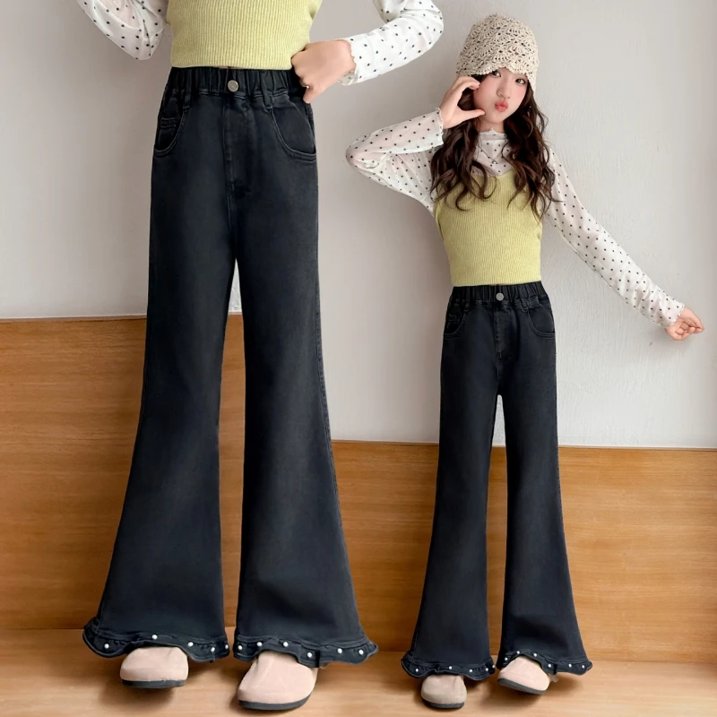 Kids Girls Bell‑Bottom Jeans 6‑14Y Ruffle Pearl Stud Hem Elastic Waist Black Denim Pants Spring Autumn Casual Wear