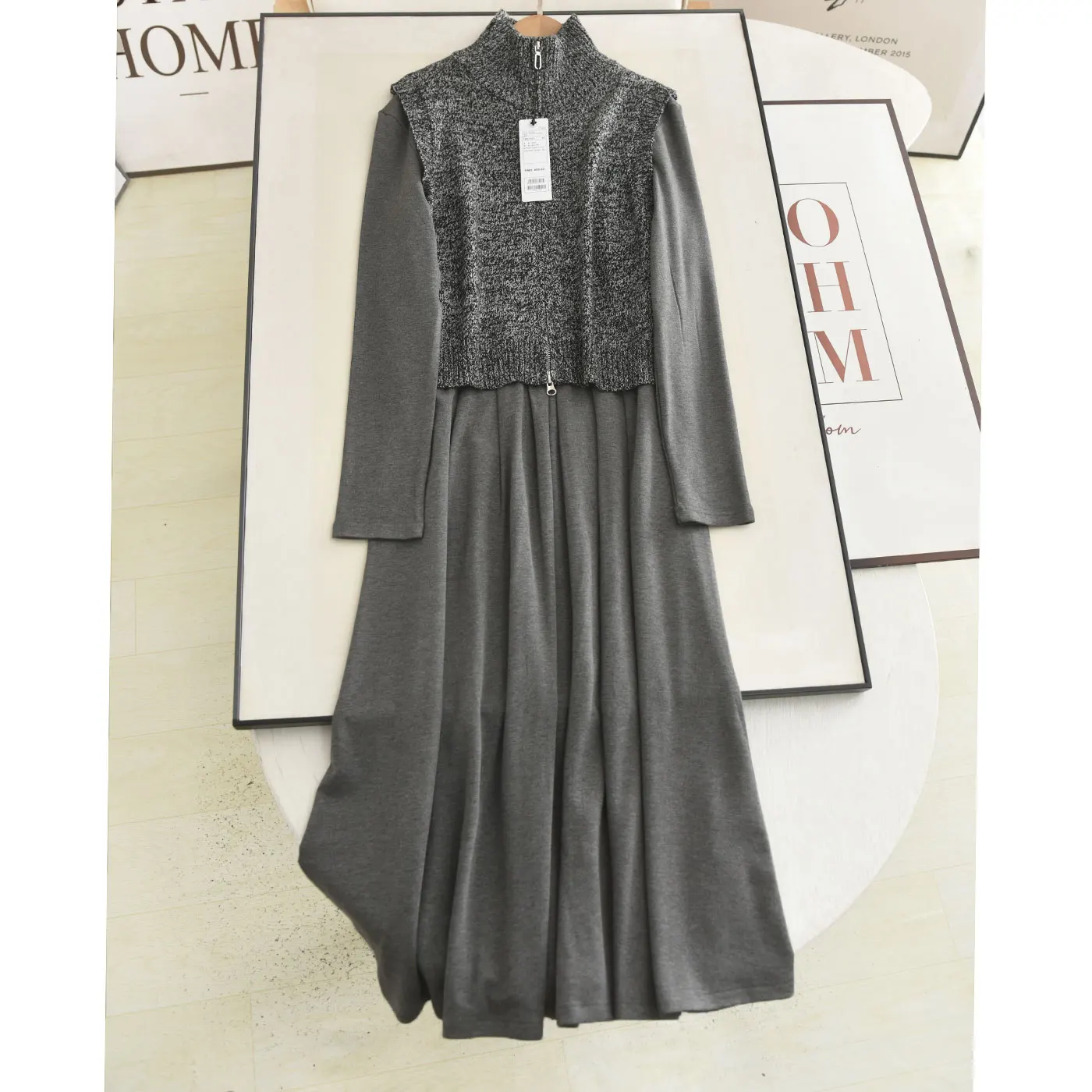 

Women's Knitted Fce Lined Vest Dr Two Piece Set High Waist Midi Length Double Zipper Stand Collar Long Sve Outfit