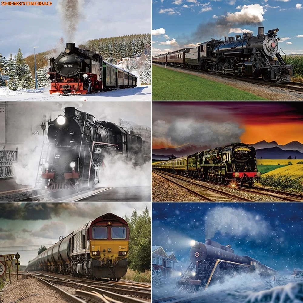 

Retro Steam Train Boys Birthday Photography Backdrops Vintage Railway Holiday Travel Background Spring Autumn Winter Photo Props