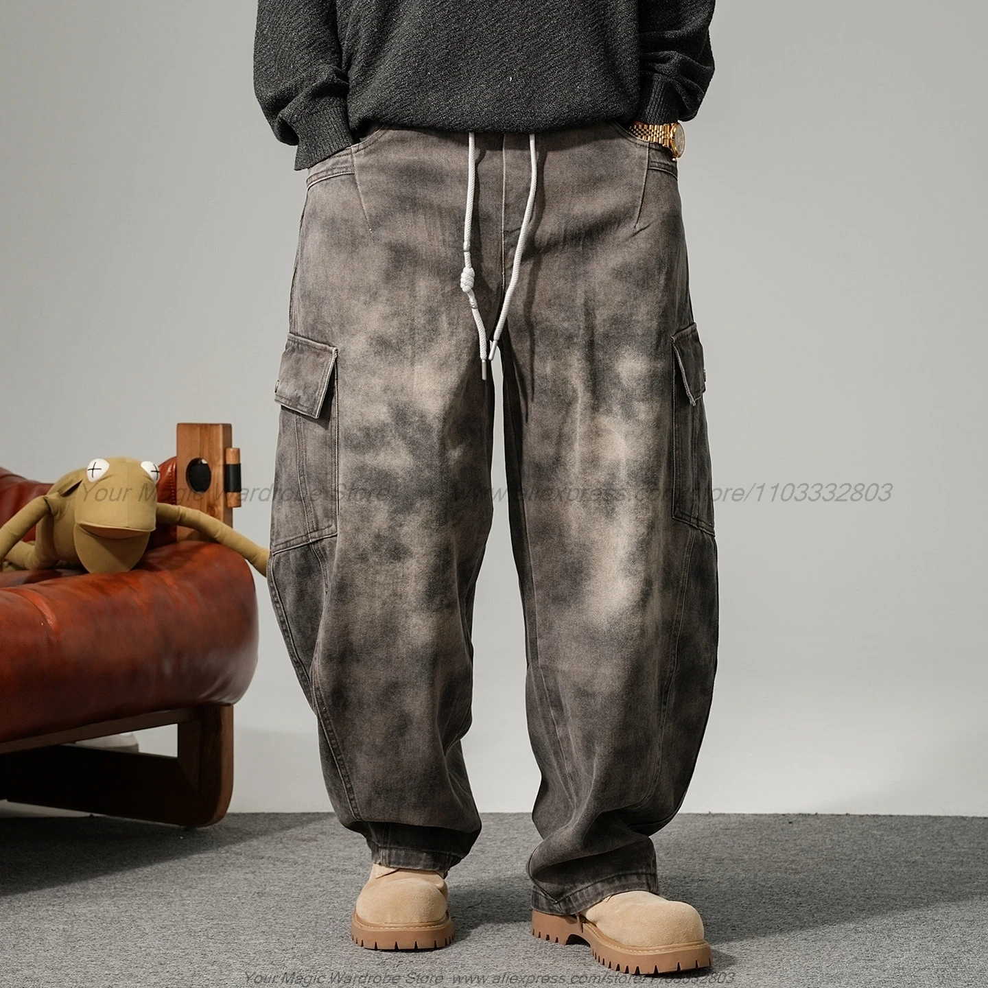 Fall 2026 Vintage Distressed Post-Apocalyptic Wasteland Style Pocket Cargo Pants Men Straight Loose Drawstring Wide Leg Trousers