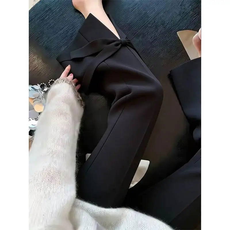Elegant High Waist Black Suit Pants for Women with Bow Tie Draping Slimming Tapered Nine Point Pants Korean Style Polyester F...