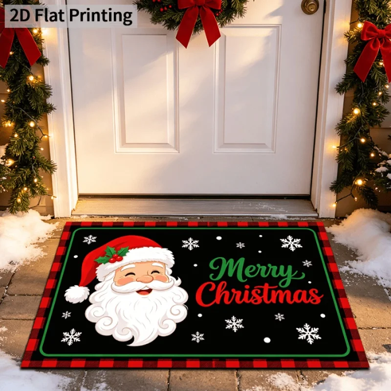 Felt Doormat,Xmas Wreath Bow Print,Dark Wood Grain Background,Merry Christmas Letter,Vintage Household Festival Rug
