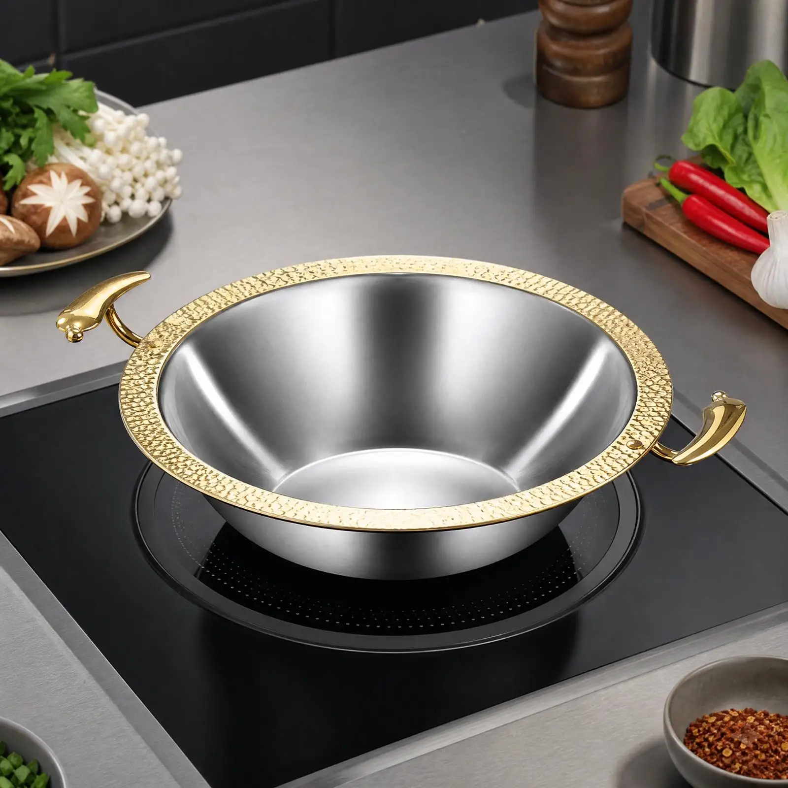 Elegant Round Cooking Vessel for Hot Pot Nights with Textured Gold Edge for Ceramic Cooktop Use