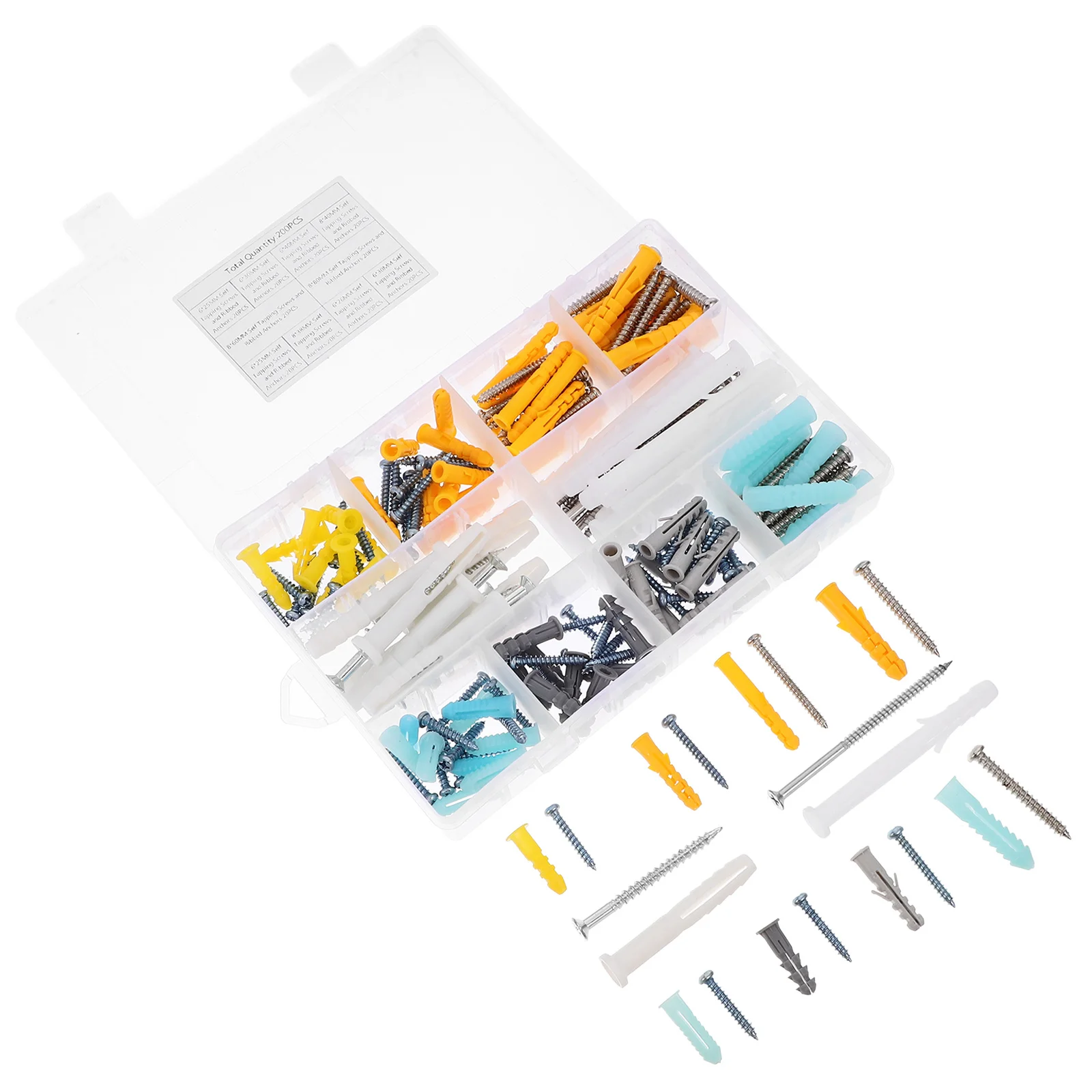 

200pcs Self Tapping Screws Kit Stainless Steel Assorted Sizes Plastic Case For Wallboard Expansion Screw Rubber Plug Set