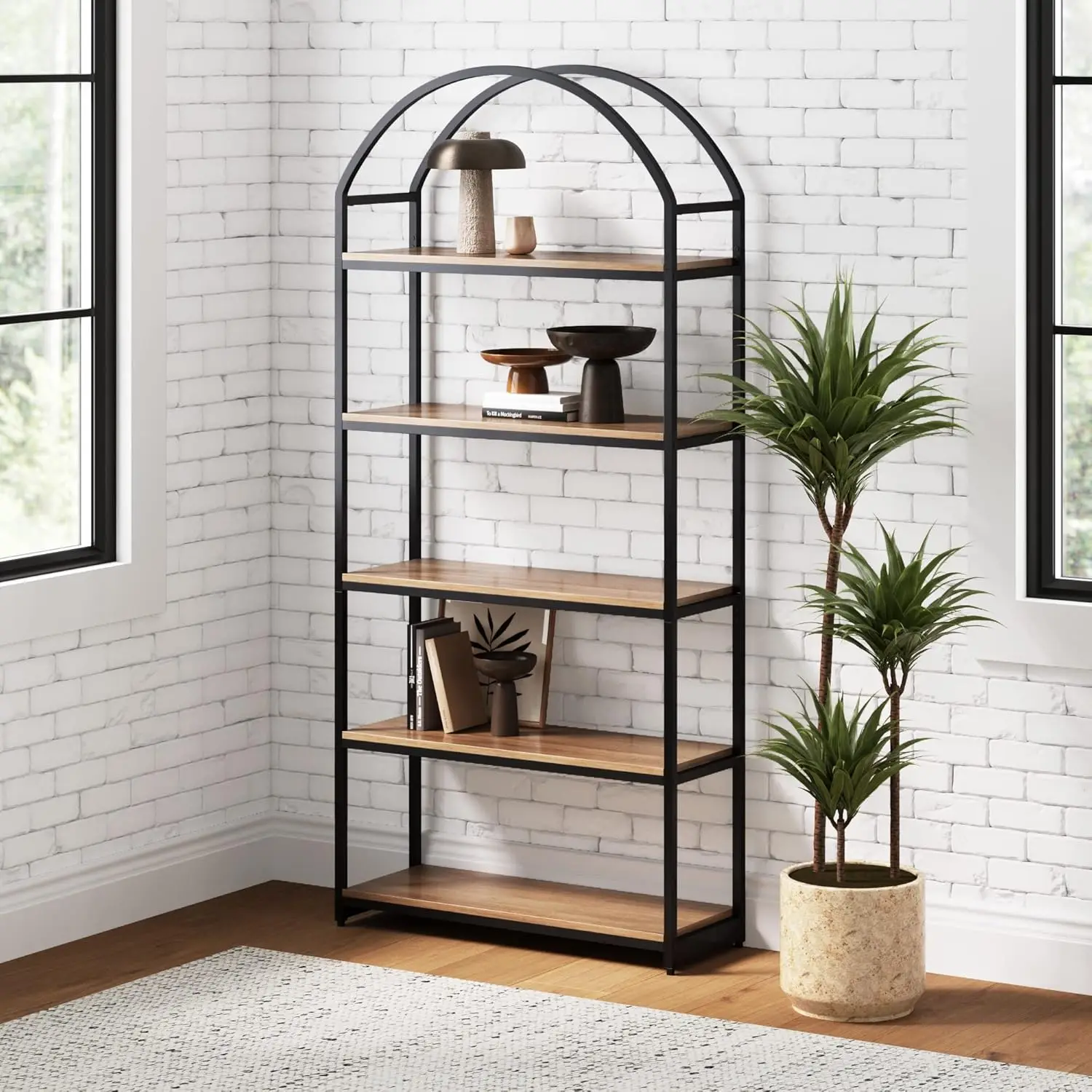 

！@Combohome Wooden Bookshelf, 5-Shelf Bookcase in Wood and Black Metal Frame with Arch Top and Open Shelves
