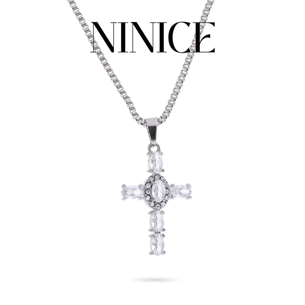 NiNice Delicate Colorful White Cubic Zirconia Cross Necklace Pendant Stainless Steel High-Grade Exquisite Jewelry 2025