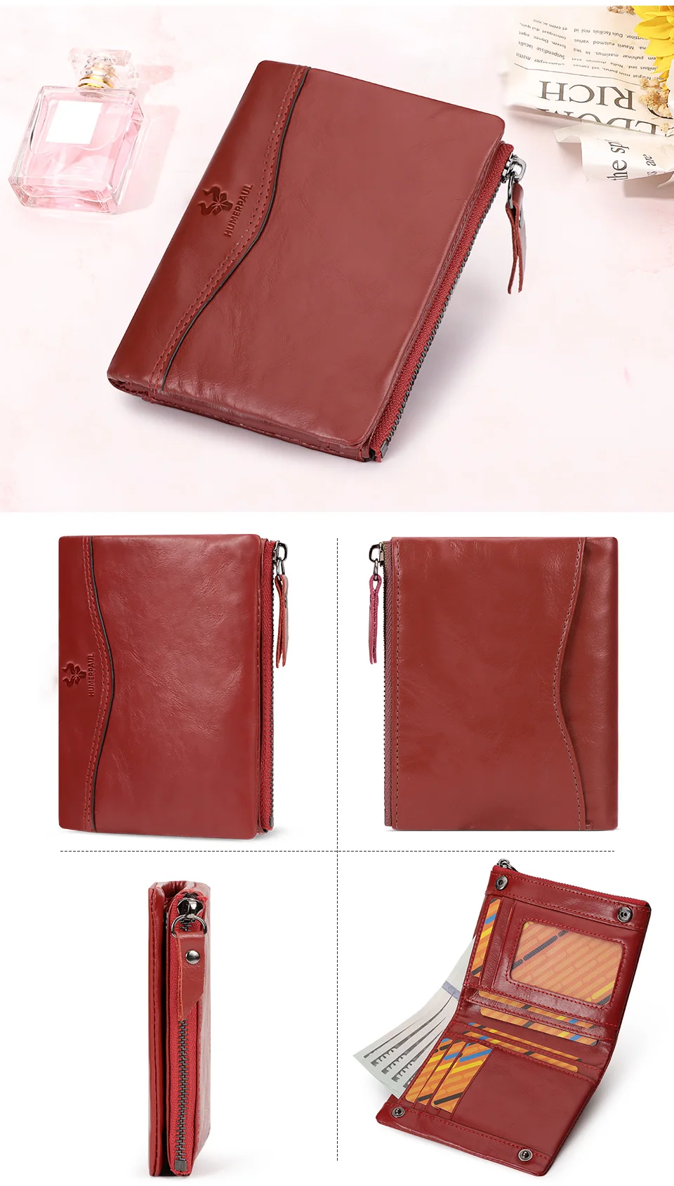 HUMERPAUL Klassische Geldbörse aus genarbtem Leder, zweifach faltbar, Kreditkartenetui, schmale Herren-Clutch mit Münzfach mit Reißverschluss, Qualität – Detail 6