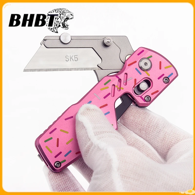 BHBT NEW EDC Donut Aluminium Alloy Outdoor Mini Folding Knife Utility Knife Portable Single-handed Quick-opening Courier Knife