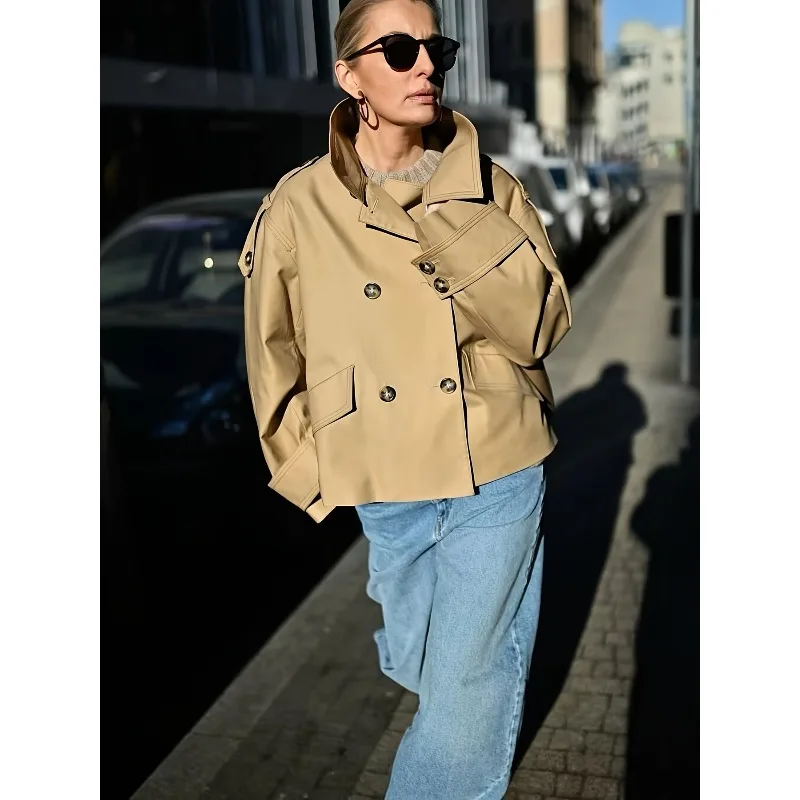 

Двубортные плащи цвета хаки Tinaa для женщин, осень-зима 2024, офисные женские куртки свободного кроя с воротником-стойкой и лацканами 195140