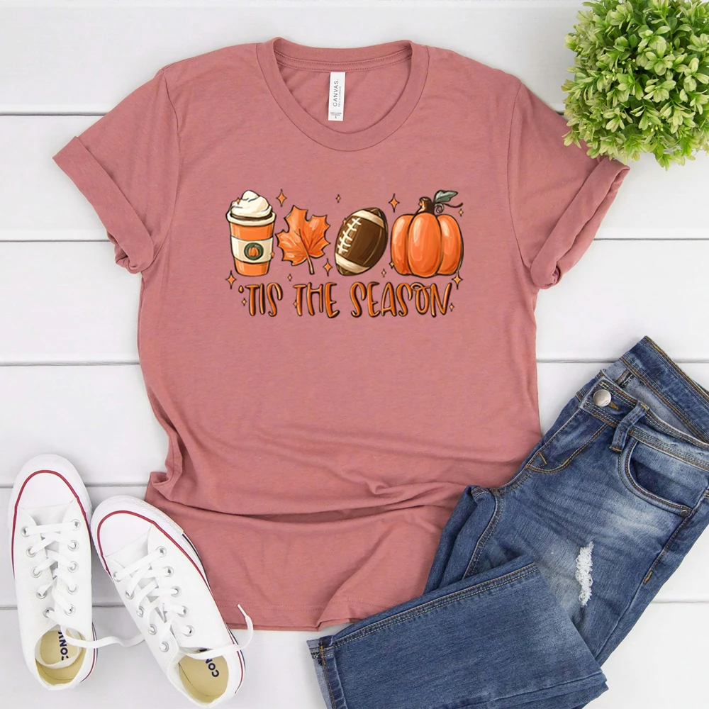 Tis The Season Fall Pumpkin T-Shirt Unisex Game Day Tees Vintage Fall Season Tshirt Cute Short Sleeve Latte Coffee Autumn Tops