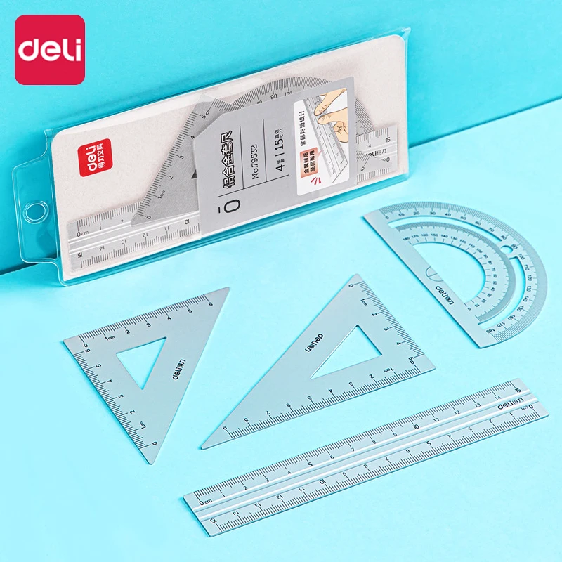 Deli Aluminum Alloy Ruler Set Multifunctional Triangle Ruler Protractor for Student Exam Drawing School Stationery Supplies