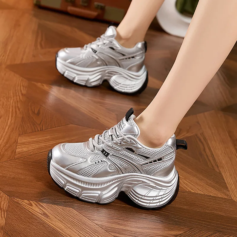 Custom Platform Sneakers Women Spring Fashion Mesh Casual Shoes 8cm Thick Sole
