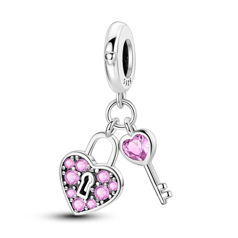 925 Sterling Silver Pink Heart Lock Charms Beads Fit Original Bracelets Bag Keychain Earring Pendant Diy Women Jewelry Gift