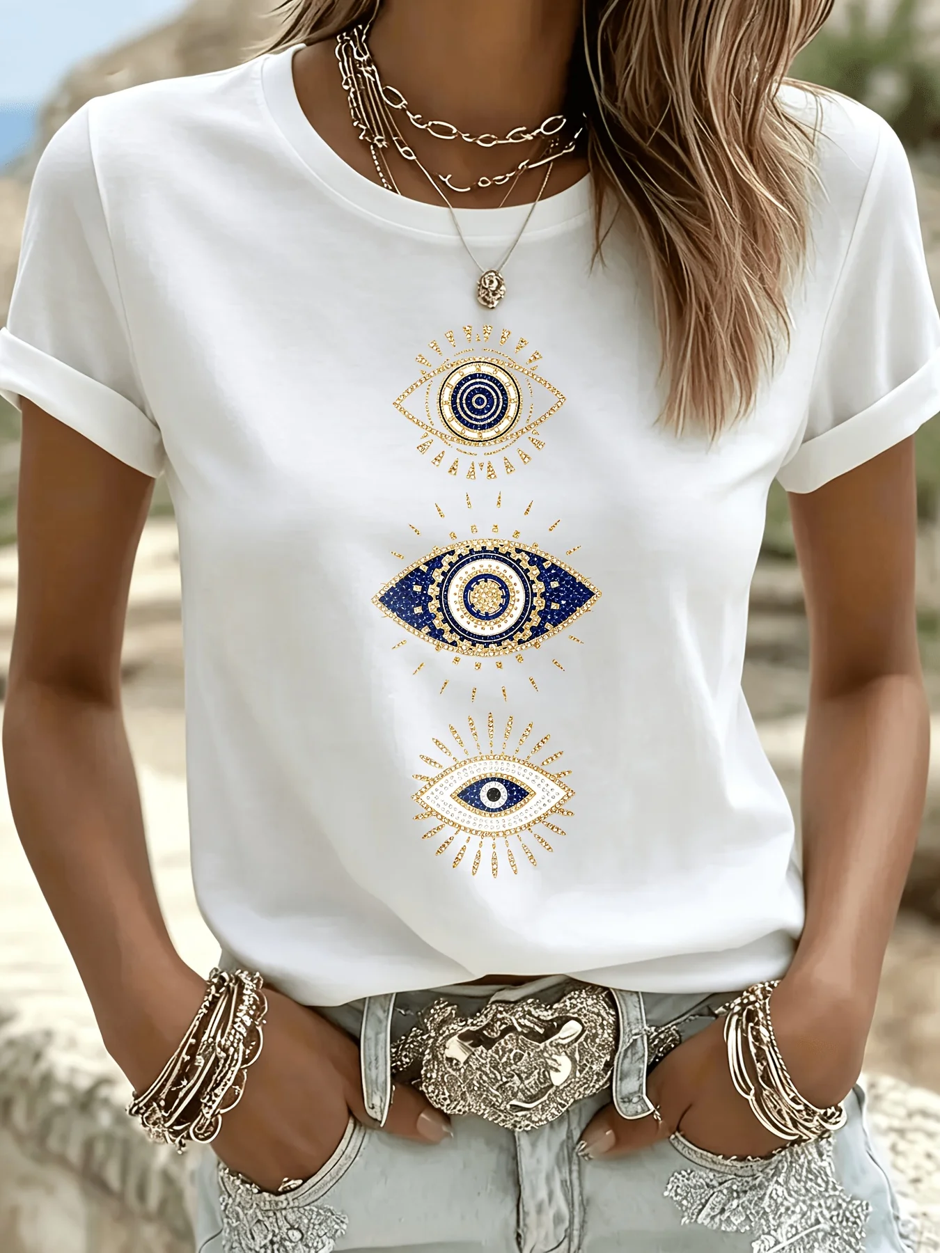 Bohemian Mysterious Eye Pattern Top Türkiye Eye Theme Round Neck Short Sleeve Blue Gold Color Pair Evil Eye Casual Daily T-shirt view 2