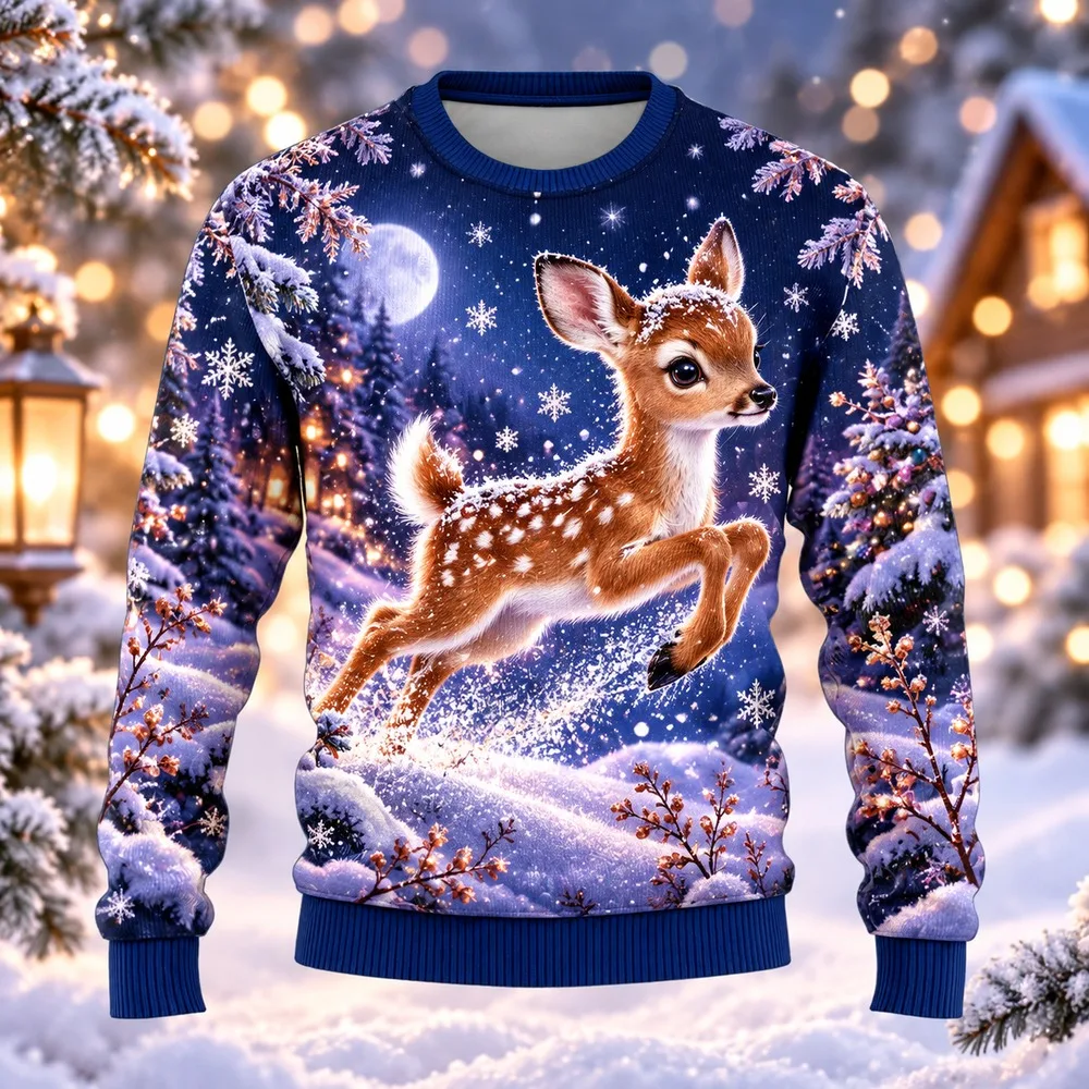 2026 Winter Fawn Ugly Christmas Sweater for Men Women Festive Holiday Party Crewneck Pullover Long Sleeve Funny Gift Sweaters