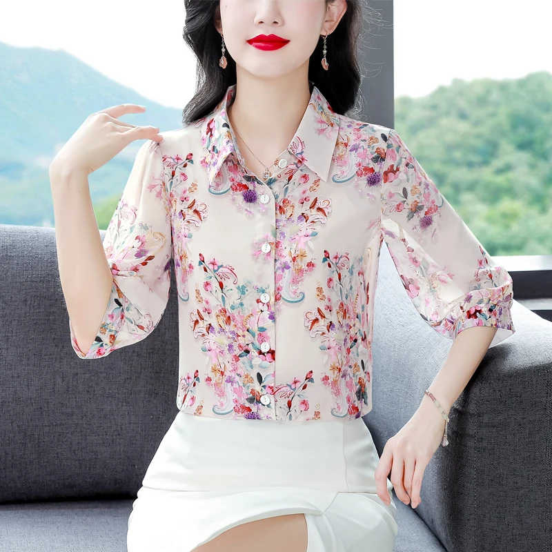 Korean Fashion Silk Chiffon Blouse Shirt Turn Down Collar Summer Clothing Single-breasted 3/4 Sleeve Women Floral Printed Tops