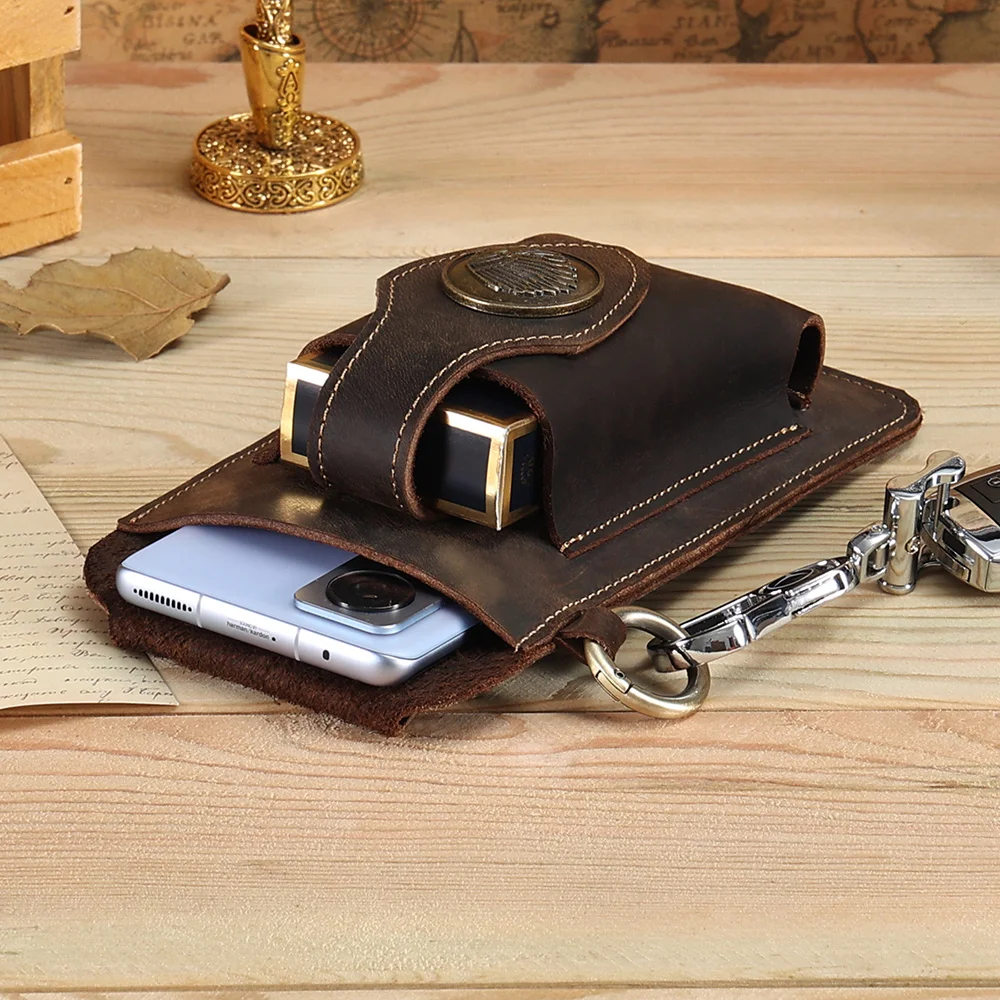 Genuine Leather Cell Phone Holster Case with Belt Loop Pouch Vintage Travel Sports Walking Waist Pack with Key Fob