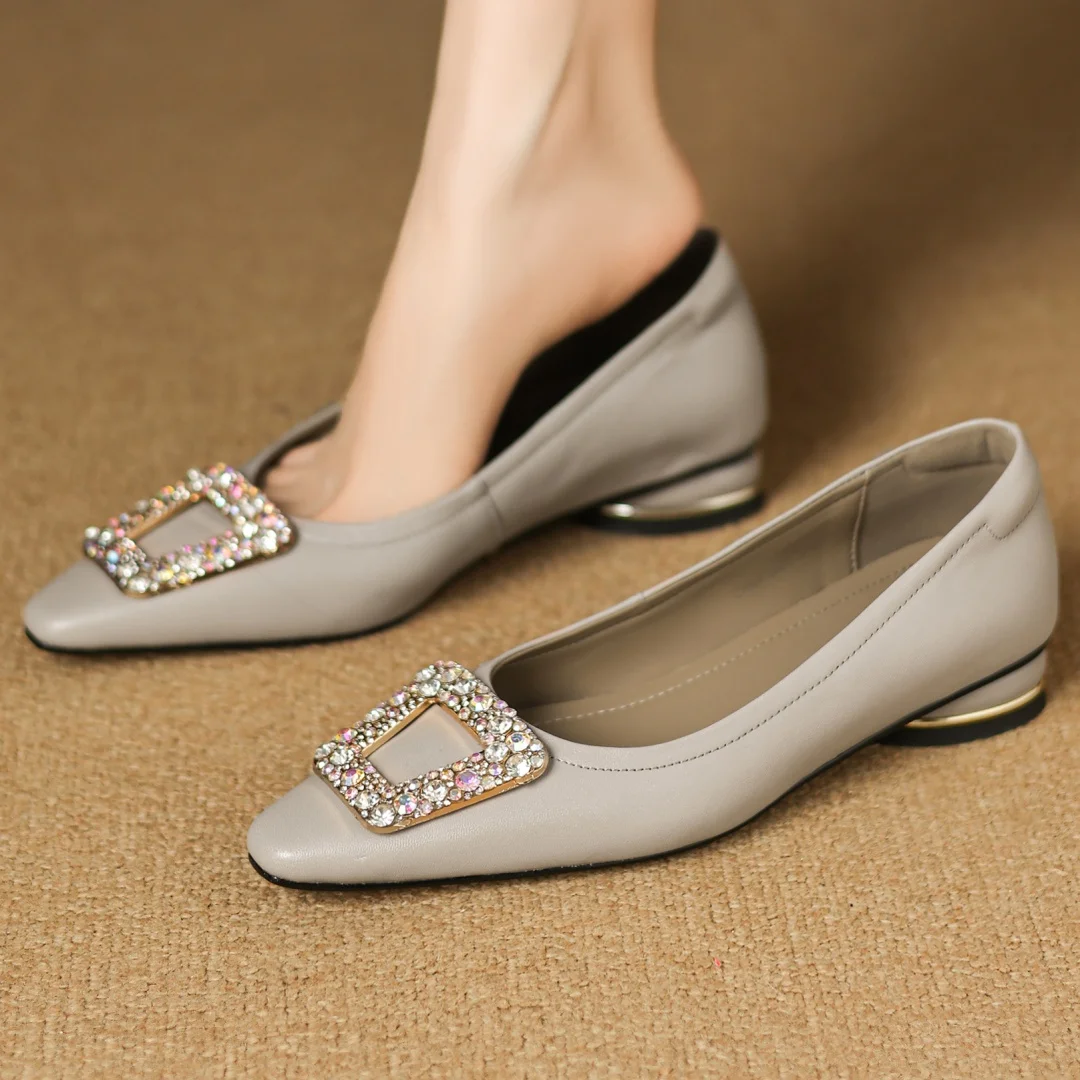 

Women's sheepskin crystal buckle slip-on flats high quality soft comfortable elegant ladies 2.5cm low heel daily casual shoes 40