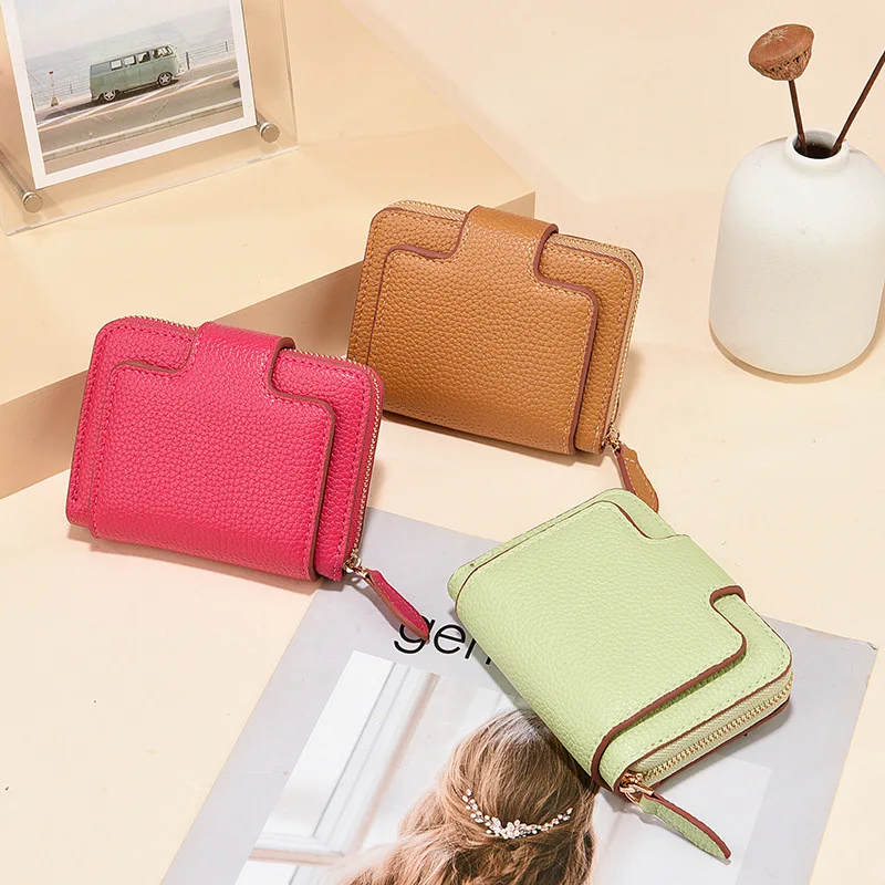 Two Fold Solid Color Lychee Pattern Women's Wallet with Makeup Mirror, Multiple Card Slots, Zero Wallet Compartment, Zipper Bag