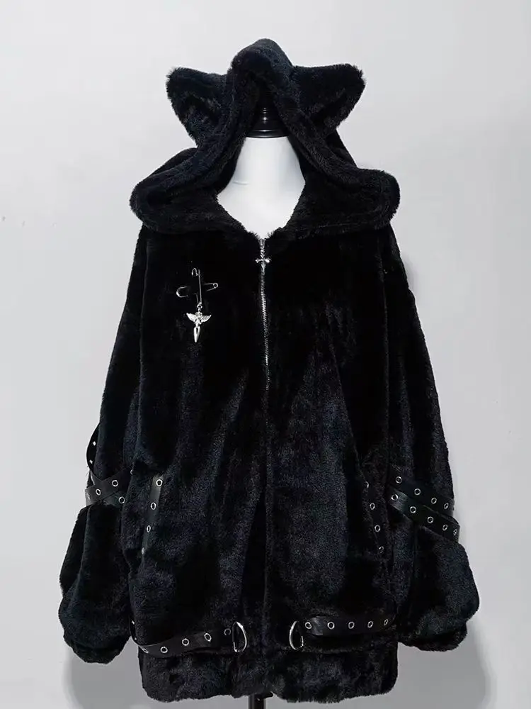 2025 Winter Women's Cute Hooded Coats Harajuku Rabbit Ears Punk Black Outwear Zipper Y2k Faxu Fur Long Sleeve Hoodies Chic New