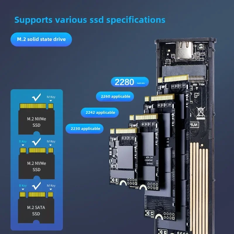 M2 SSD Case NVME M.2 Solid State Drive External Enclosure 2230/2242/2260/2280 M.2 To USBC 10Gbps SSD Aluminum Case for M/M+B Key