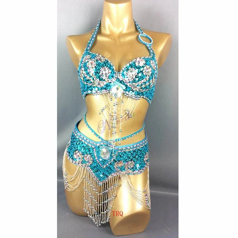 Costumi di danza del ventre da donna di lusso Set perline di cristallo Nappa con frange e paillettes Abiti da palcoscenico Costumi di performance per cantanti