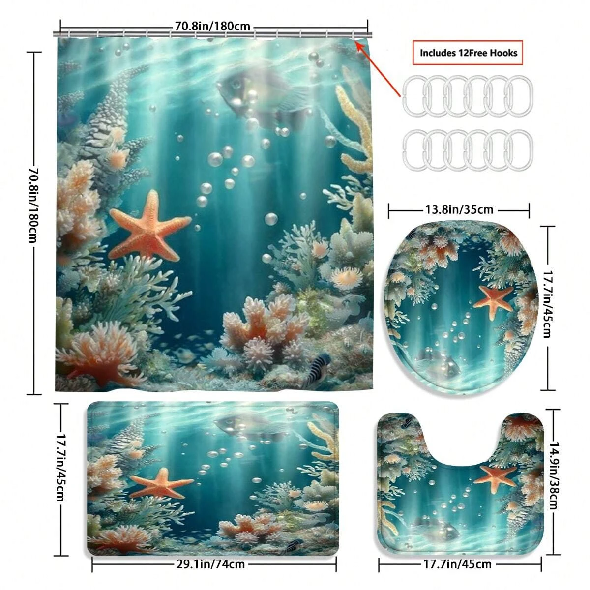 4pcs Ocean Themed Bathroom Shower Curtain Set, Featuring Cats, Sea Turtles, Fish, Sharks, Ideal For Beach Themed Bathroom Decor