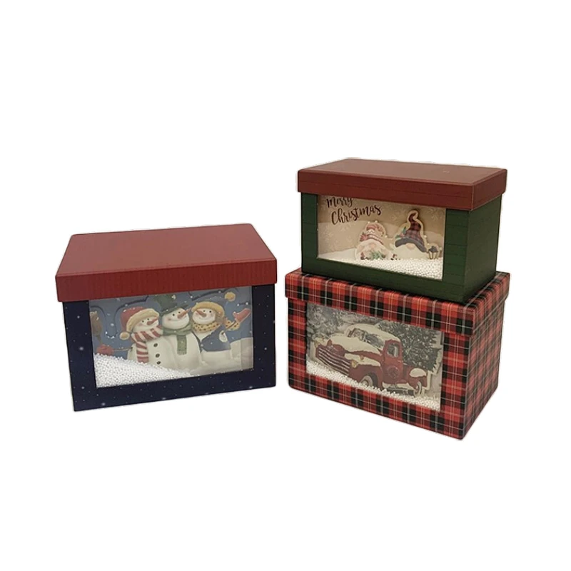 3 Pcs/Set Rectangular Christmas Gift Boxes With Lids Transparent Window Simulation Snow Scene Cardboard Holiday Packaging Box