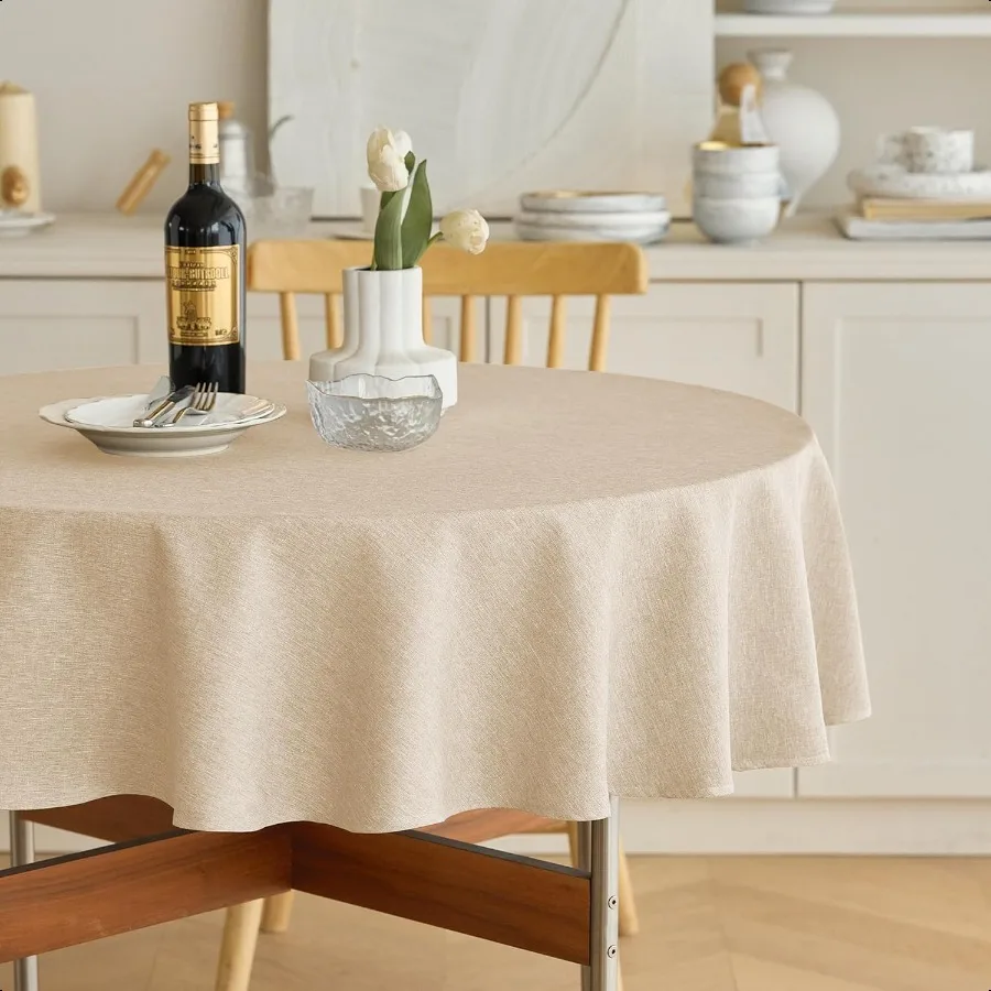 

Faux Linen Round Table Cloth 60 inch Waterproof Decorative Fabric AntiScratch Texture Round Tablecloth Cover for Dining Kitchen