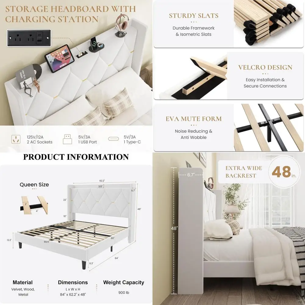 

Velvet Wingback Bed with Storage, Diamond Stitch & Gold Accents, No Box Spring, Easy Assembly, White