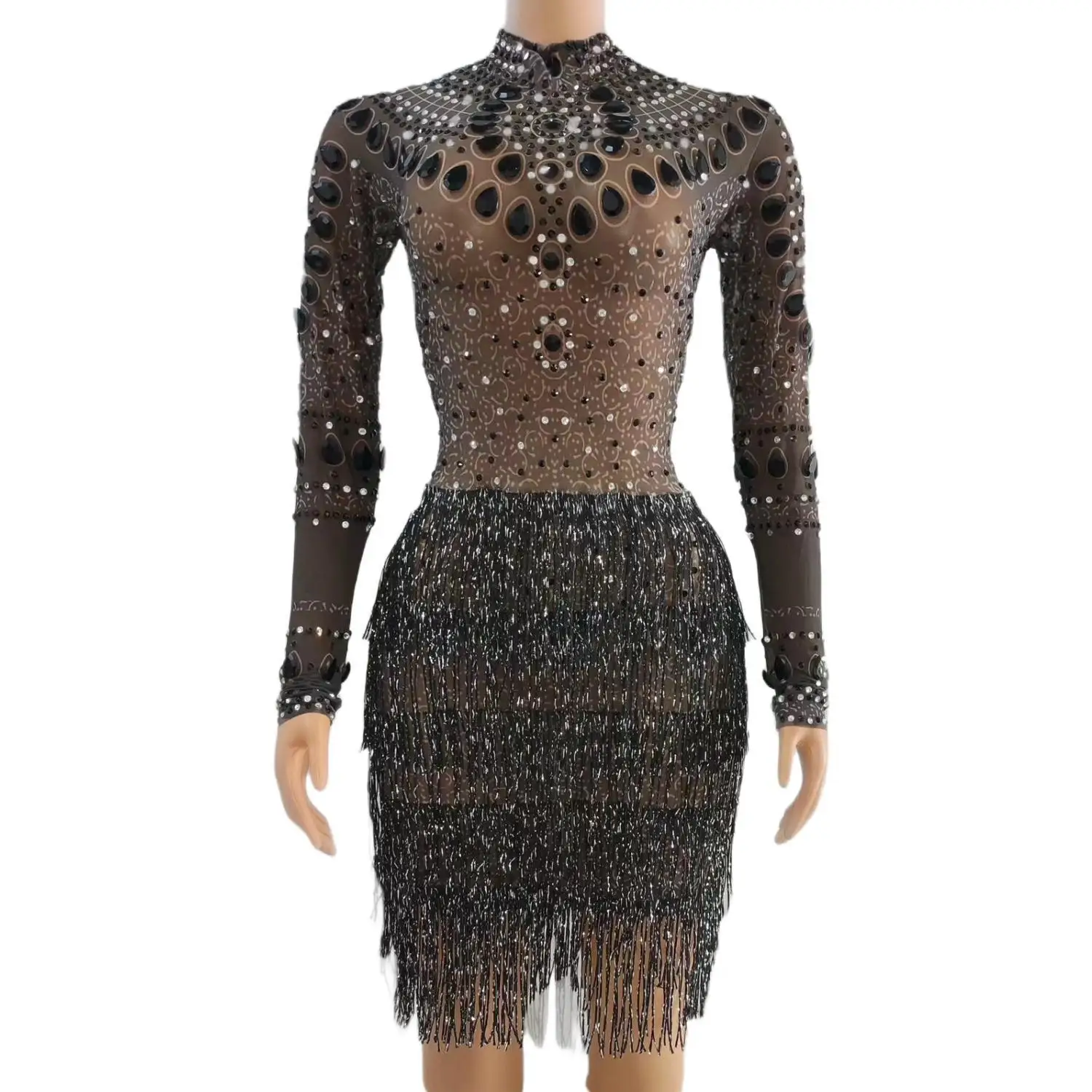 Kongmao Elegant Nude Mesh Black Rhinestone Tassel Fringe Bodycon Mini Dress High Neck Long Sleeve Slim Fit Dance Gala Outfit